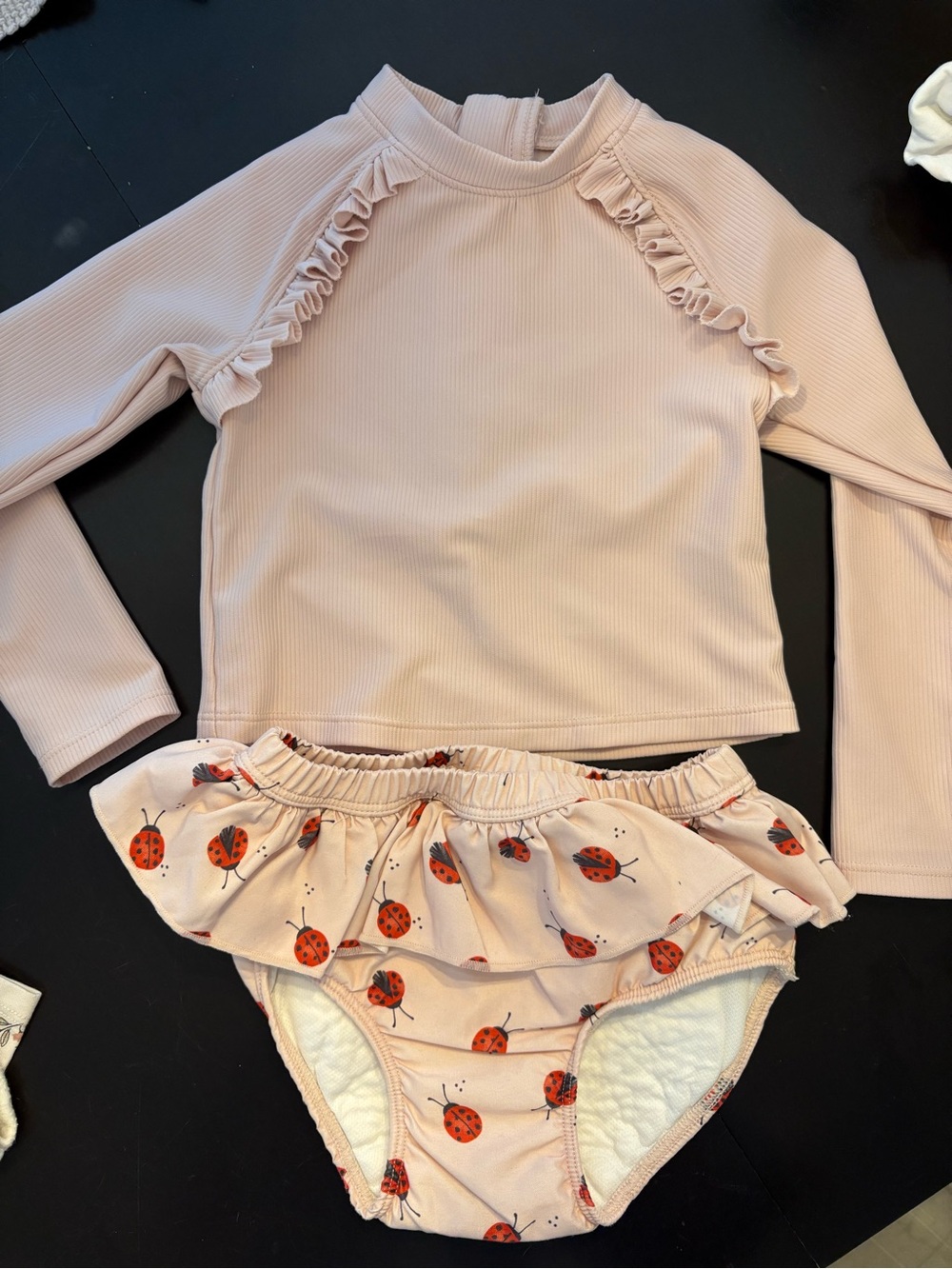 Petit lem Kids Pink Ruffle Long-Sleeve Swim Set with Ladybug Skirt